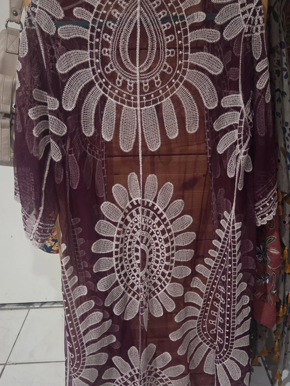 Women’s Lace Overlay Kimono, Swim Cover-Up, Shawl, Deep Wine With White Embroide